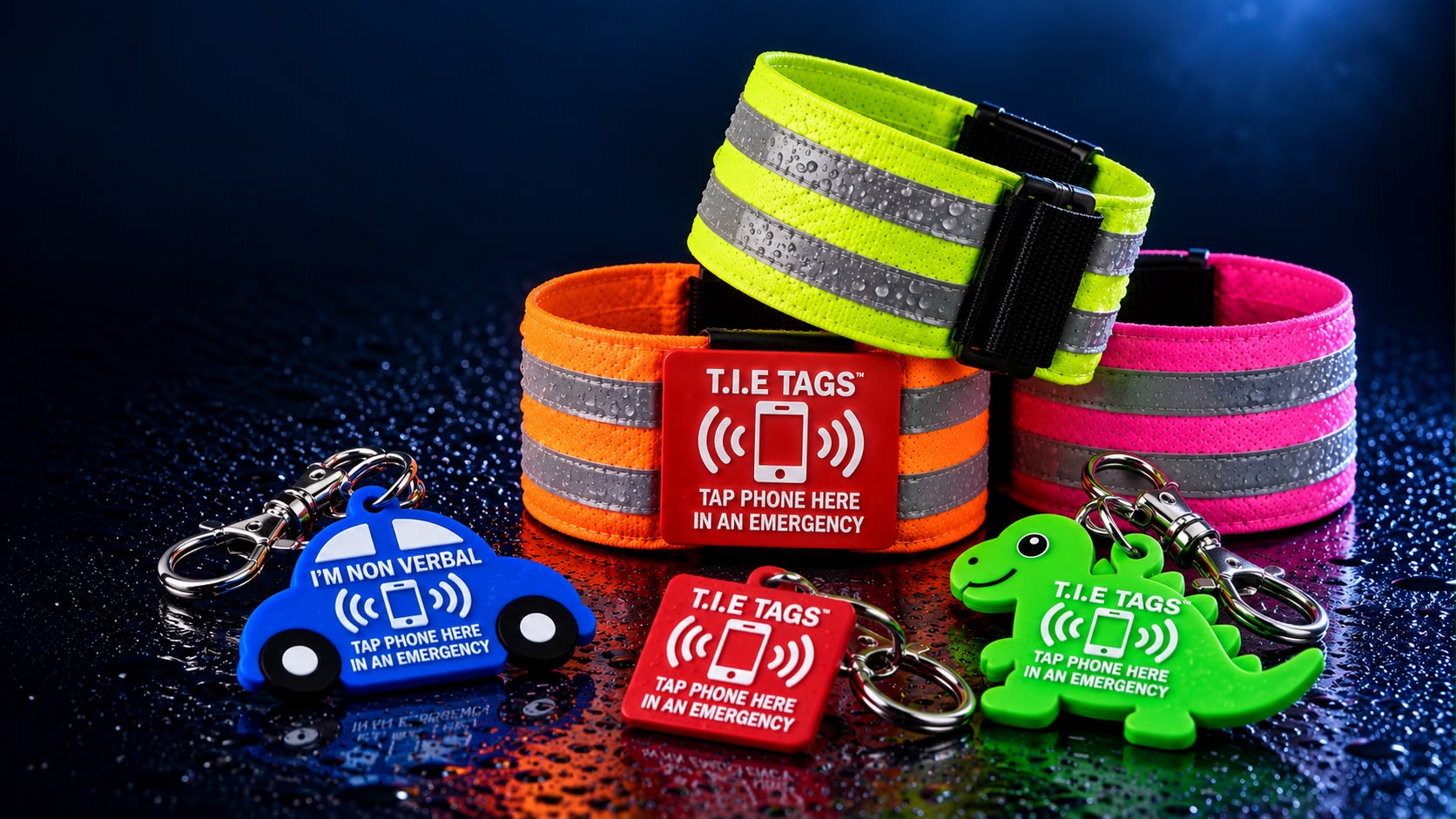 T.I.E. Tags reflective armbands and emergency keyrings